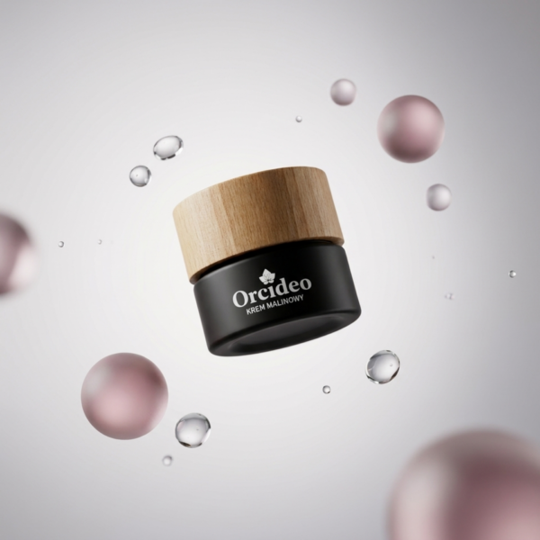 krem-malinowy-orcideo-50ml Słoiczek kremu malinowego Orcideo w otoczeniu kulek oleju malinowego i soku z aloesu