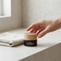 Ręka modelki sięga po naturalny krem różany Orcideo w jasnej łazience